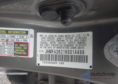 2006 Honda Civic Hybrid from USA, damaged, VIN JHMFA36216S014499